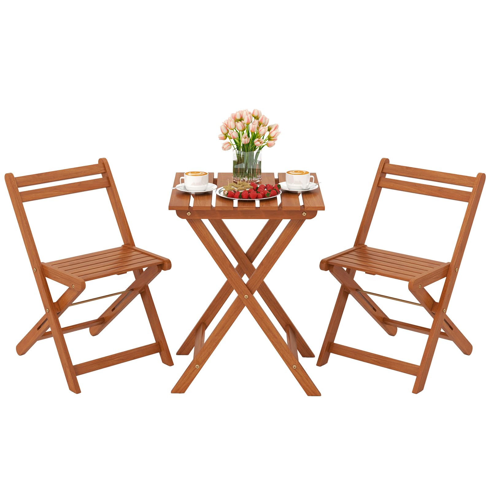 Tangkula 3 Pieces Solid Wood Patio Bistro Set with 2 Folding Chairs